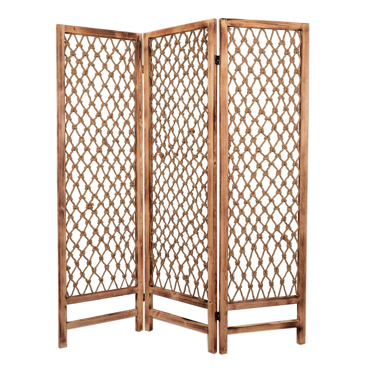 3 Panel Traditional Foldable Screen With Rope Knot Design, Brown By Benzara | Room Divider |  Modishstore 