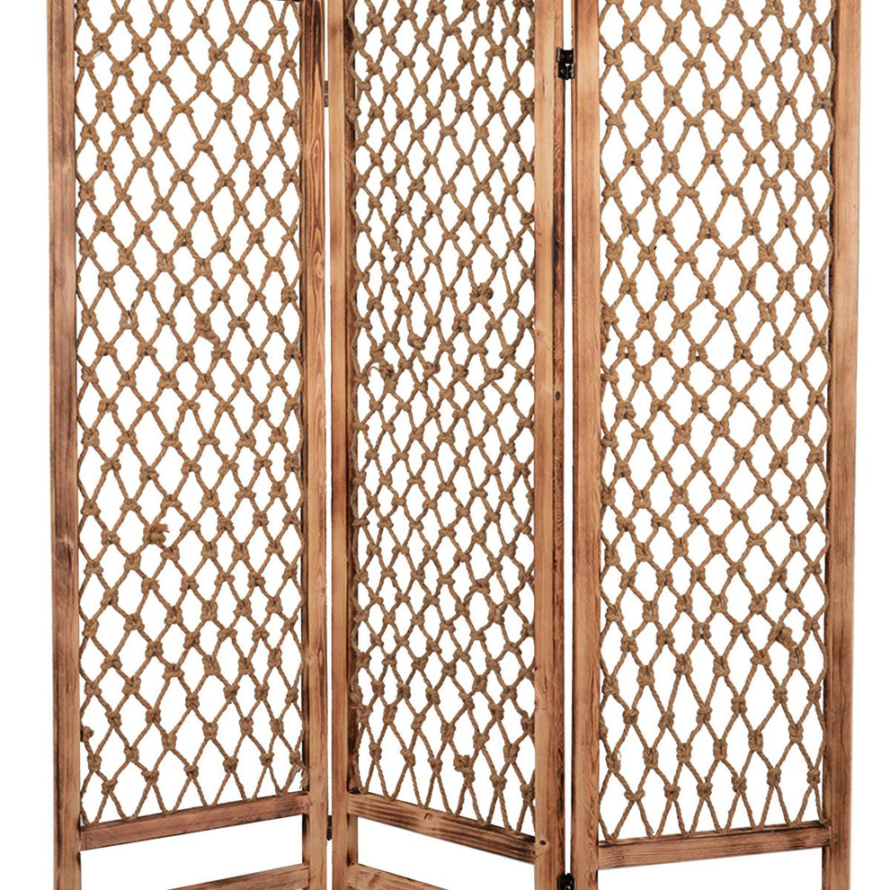 3 Panel Traditional Foldable Screen With Rope Knot Design, Brown By Benzara | Room Divider |  Modishstore  - 4