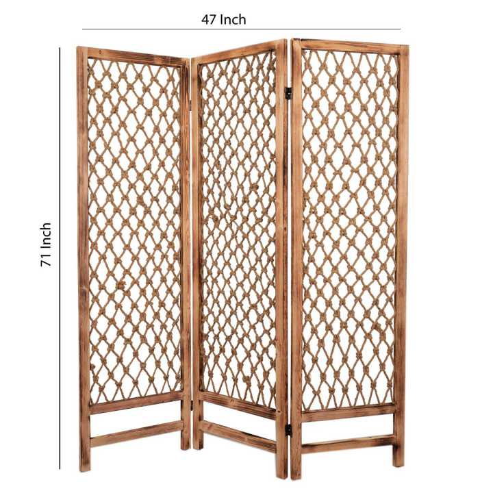 3 Panel Traditional Foldable Screen With Rope Knot Design, Brown By Benzara | Room Divider |  Modishstore  - 2