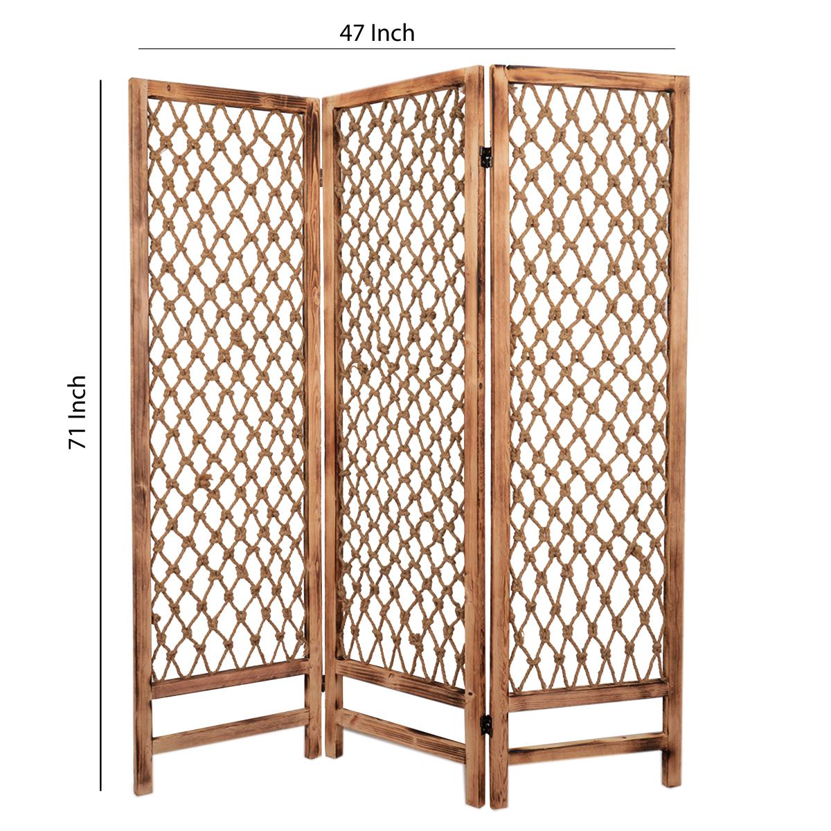 3 Panel Traditional Foldable Screen With Rope Knot Design, Brown By Benzara | Room Divider |  Modishstore  - 6