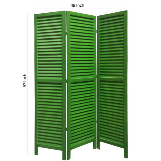 3 Panel Foldable Wooden Shutter Screen With Straight Legs, Green By Benzara | Room Divider |  Modishstore 
