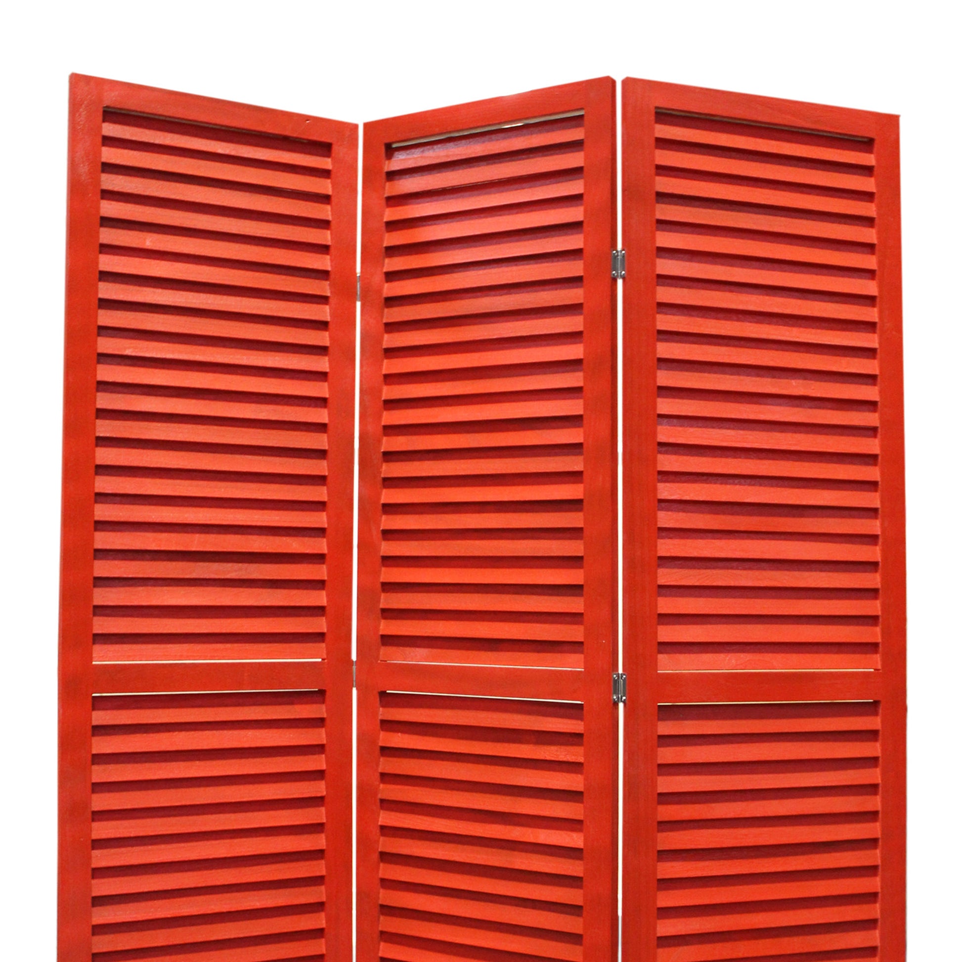 3 Panel Foldable Wooden Shutter Screen With Straight Legs, Red By Benzara | Room Divider |  Modishstore  - 3