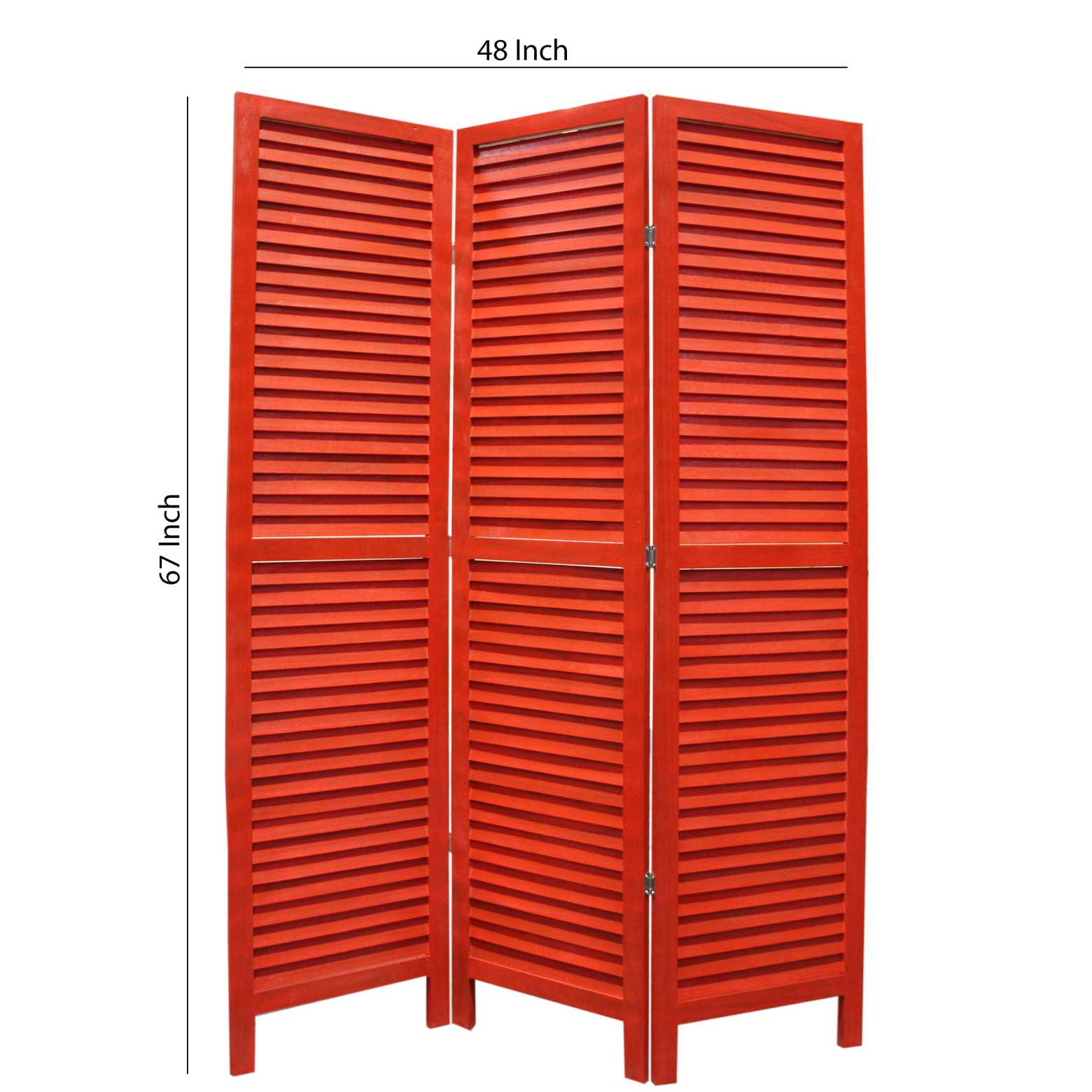 3 Panel Foldable Wooden Shutter Screen With Straight Legs, Red By Benzara | Room Divider |  Modishstore  - 2