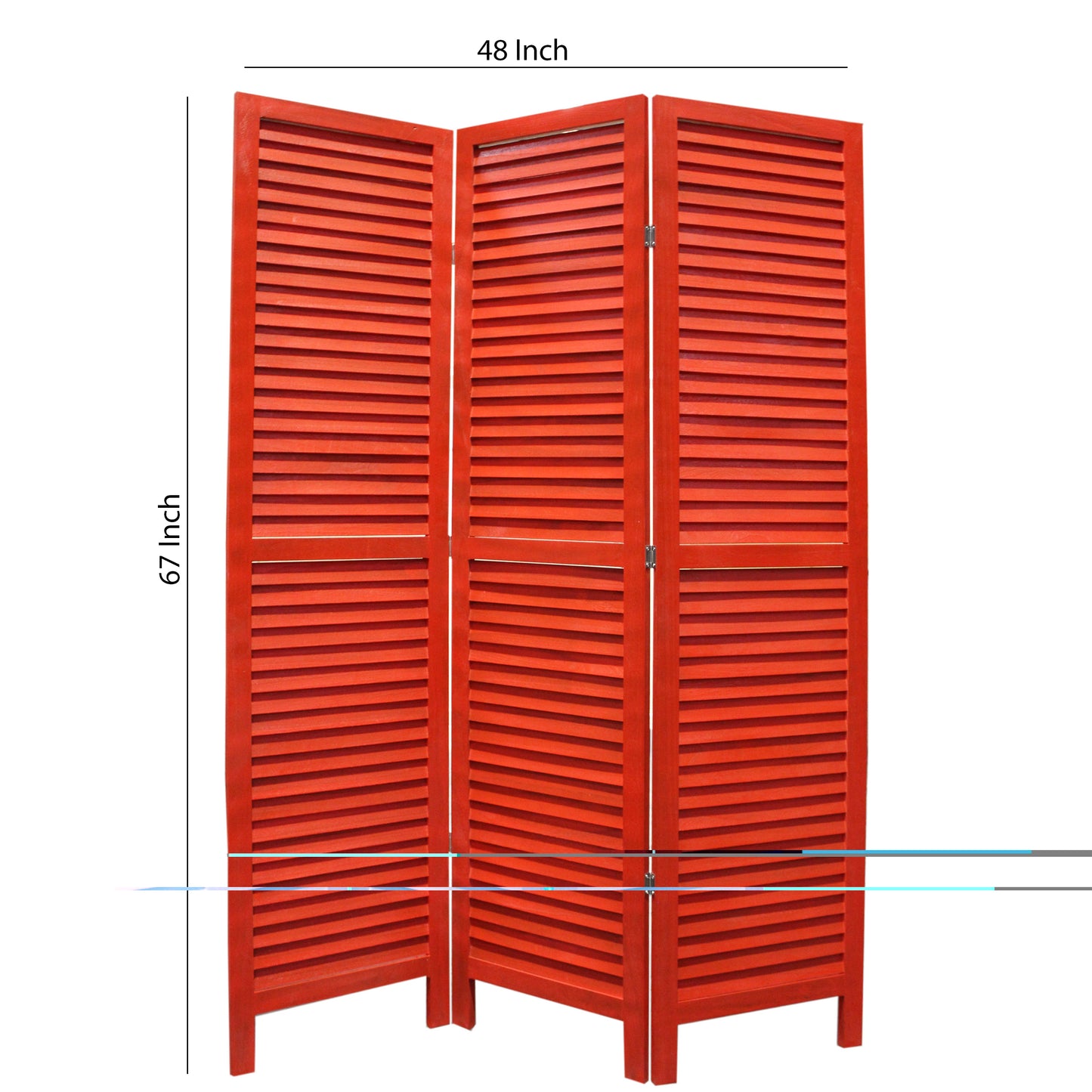 3 Panel Foldable Wooden Shutter Screen With Straight Legs, Red By Benzara | Room Divider |  Modishstore  - 6