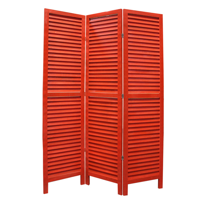 3 Panel Foldable Wooden Shutter Screen With Straight Legs, Red By Benzara | Room Divider |  Modishstore 