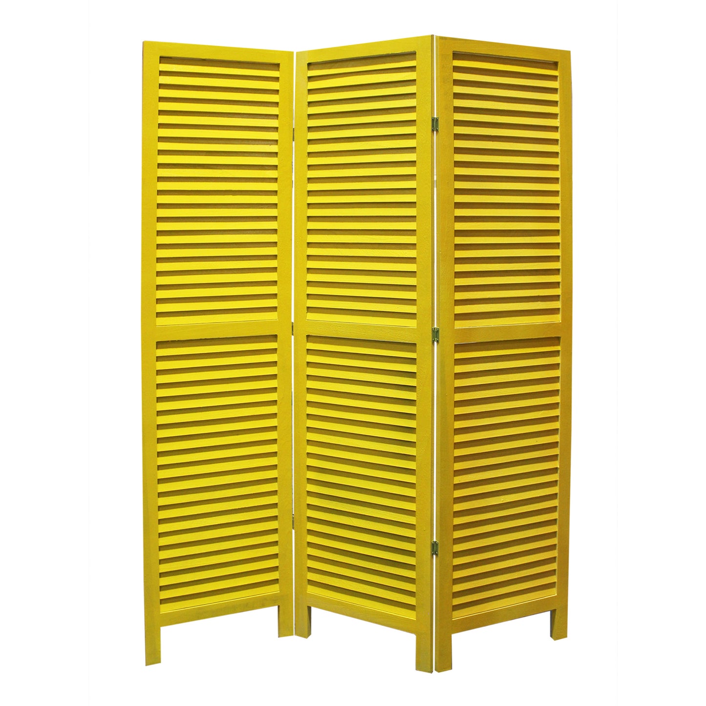 3 Panel Foldable Wooden Shutter Screen With Straight Legs, Yellow By Benzara | Room Divider |  Modishstore  - 2