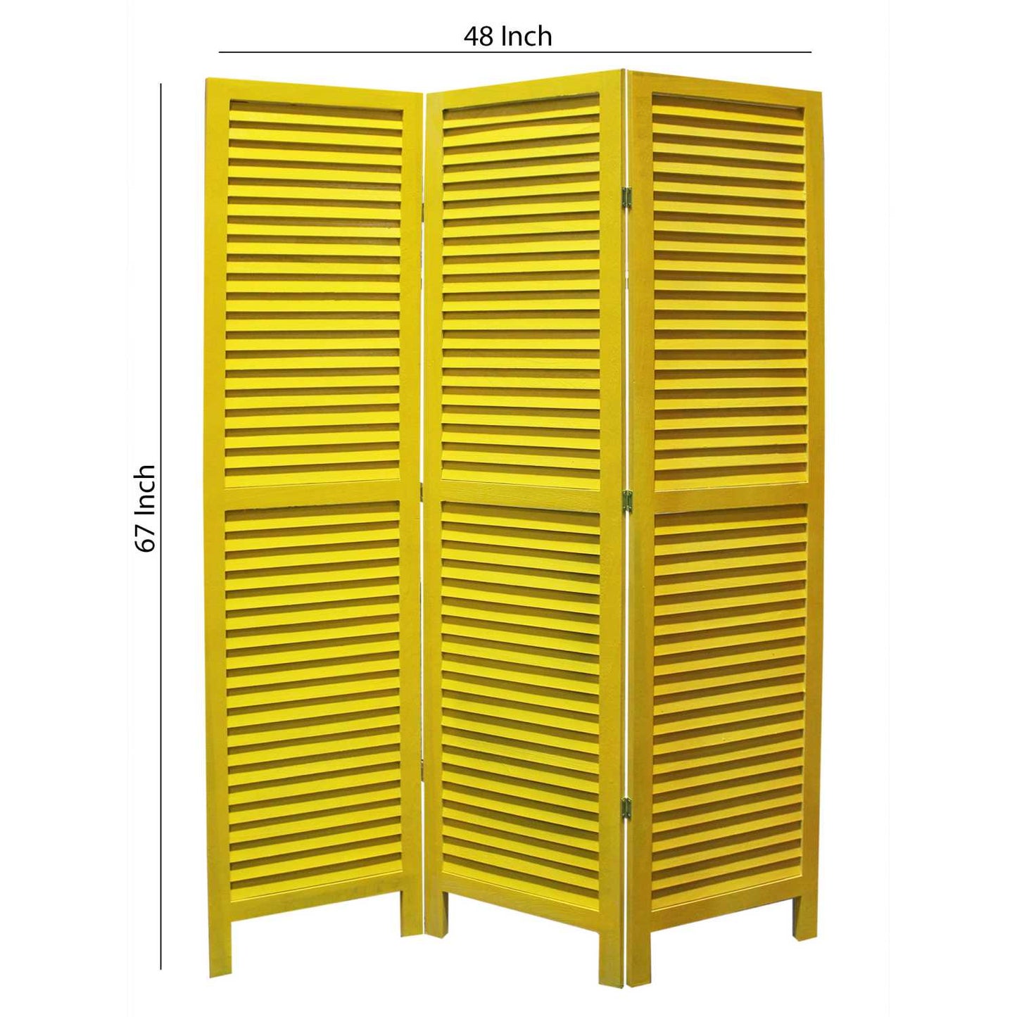 3 Panel Foldable Wooden Shutter Screen With Straight Legs, Yellow By Benzara | Room Divider |  Modishstore 