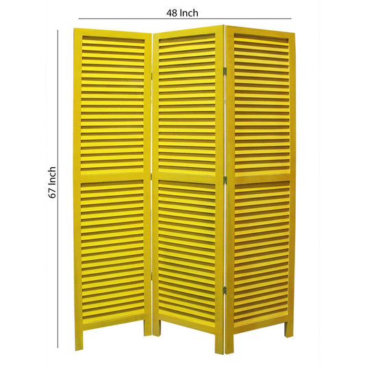 3 Panel Foldable Wooden Shutter Screen With Straight Legs, Yellow By Benzara | Room Divider |  Modishstore 