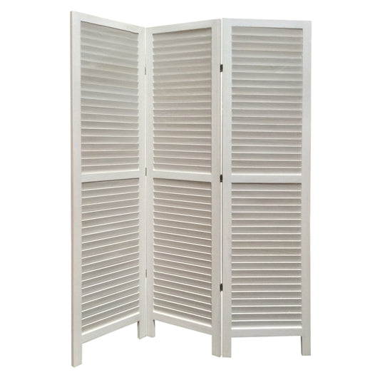 3 Panel Foldable Wooden Shutter Screen With Straight Legs, White By Benzara | Room Divider |  Modishstore 