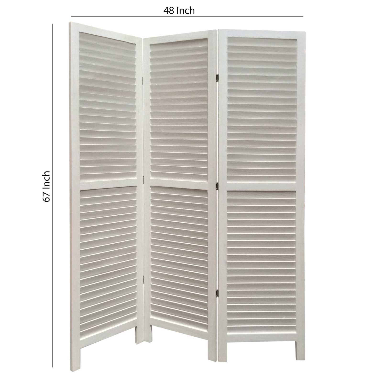 3 Panel Foldable Wooden Shutter Screen With Straight Legs, White By Benzara | Room Divider |  Modishstore  - 2