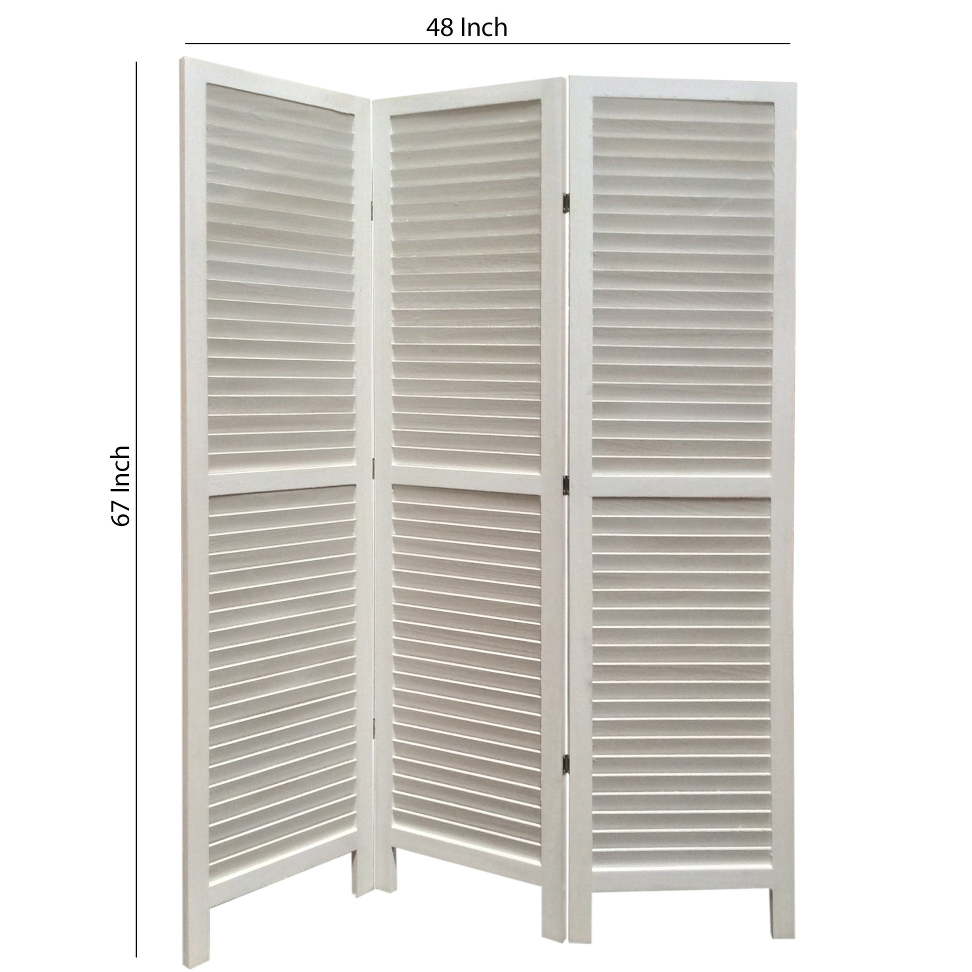 3 Panel Foldable Wooden Shutter Screen With Straight Legs, White By Benzara | Room Divider |  Modishstore  - 6