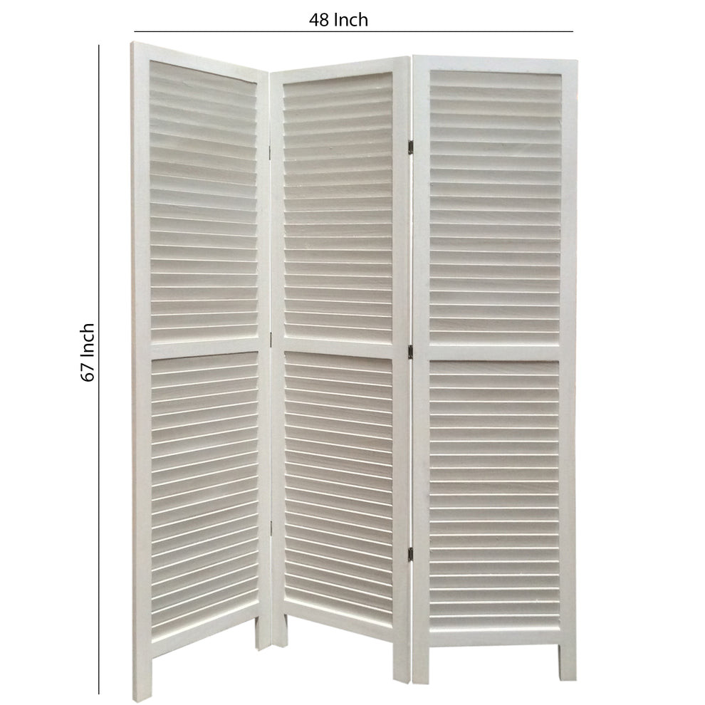 3 Panel Foldable Wooden Shutter Screen With Straight Legs, White By Benzara | Room Divider |  Modishstore  - 6