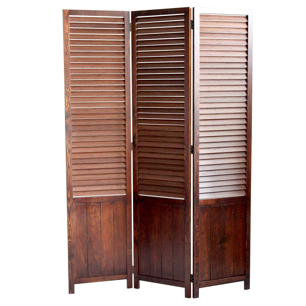 Traditional Foldable Wooden Shutter Screen With 3 Panels, Brown By Benzara | Room Divider |  Modishstore  - 2