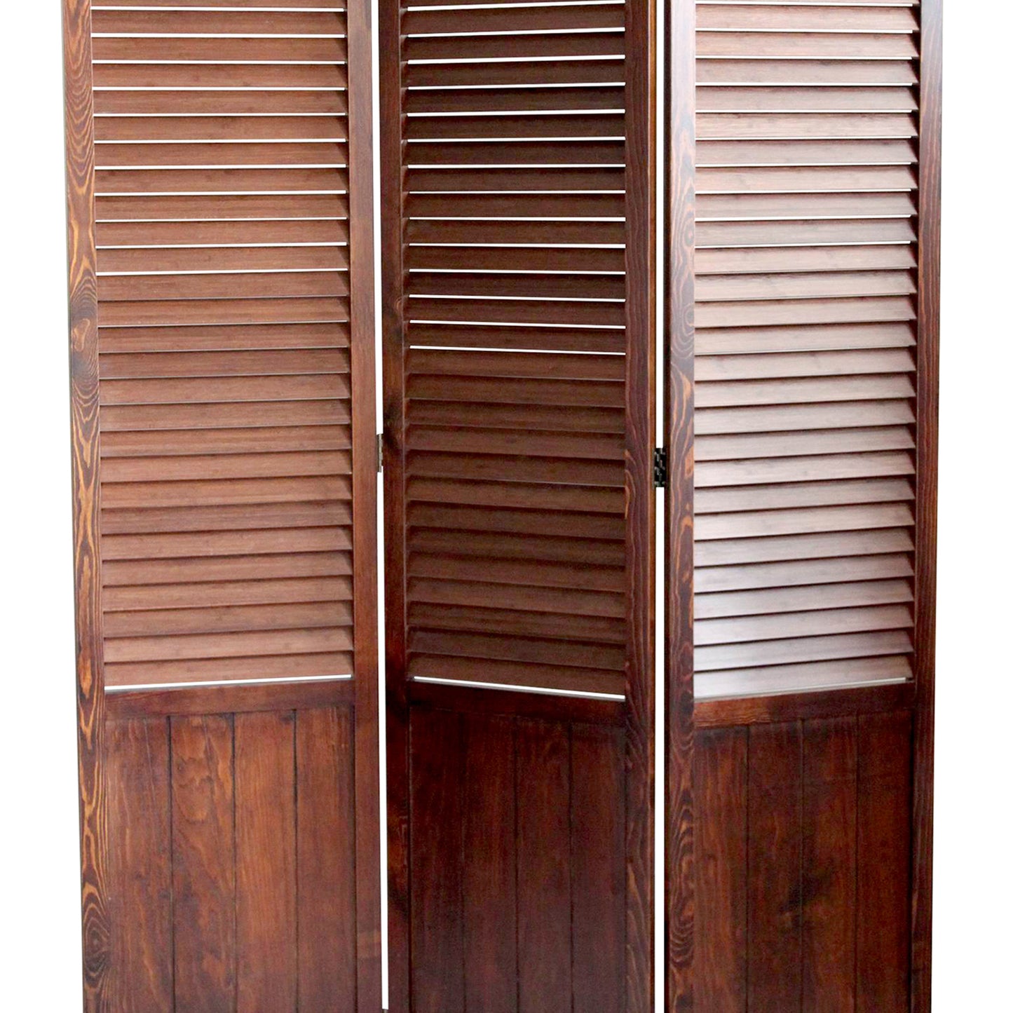 Traditional Foldable Wooden Shutter Screen With 3 Panels, Brown By Benzara | Room Divider |  Modishstore  - 4