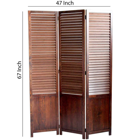 Traditional Foldable Wooden Shutter Screen With 3 Panels, Brown By Benzara | Room Divider |  Modishstore 
