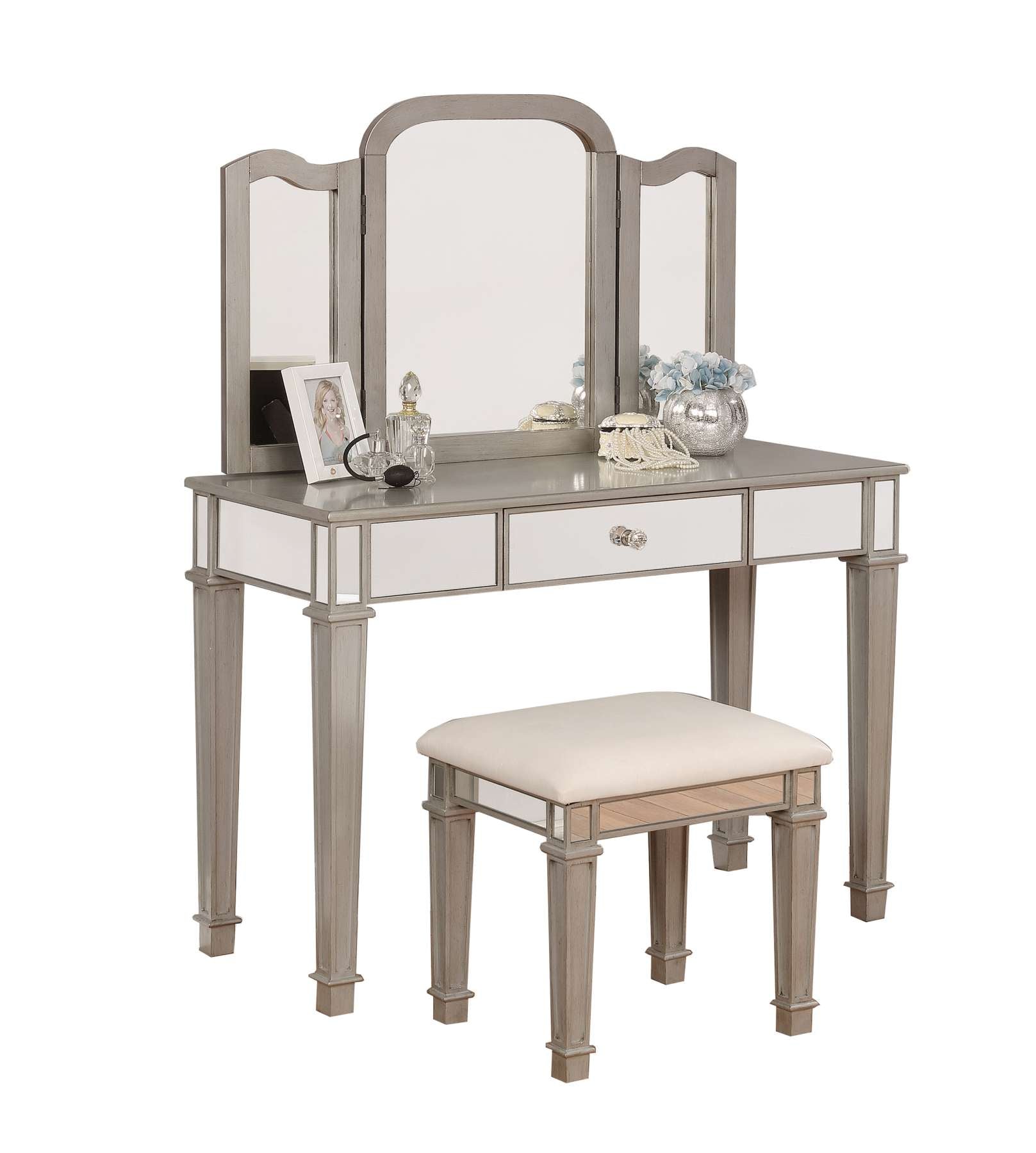 Wooden Vanity Set With 1 Drawer And Tri Fold Mirror, Gray And Silver By Benzara | Bedroom Sets |  Modishstore 