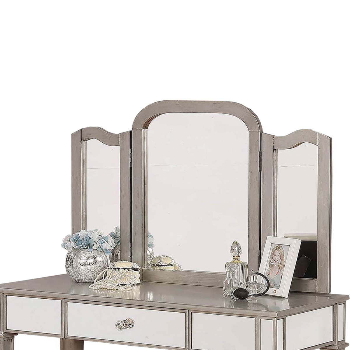 Wooden Vanity Set With 1 Drawer And Tri Fold Mirror, Gray And Silver By Benzara | Bedroom Sets |  Modishstore  - 5
