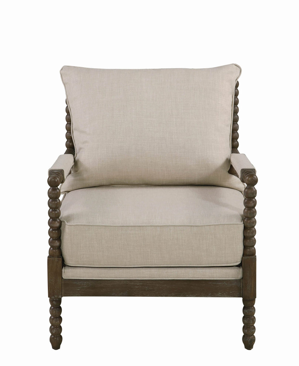 Cushioned Back Fabric Upholstered Spindle Accent Chair, Beige And Brown By Benzara | Accent Chairs | Modishstore - 2