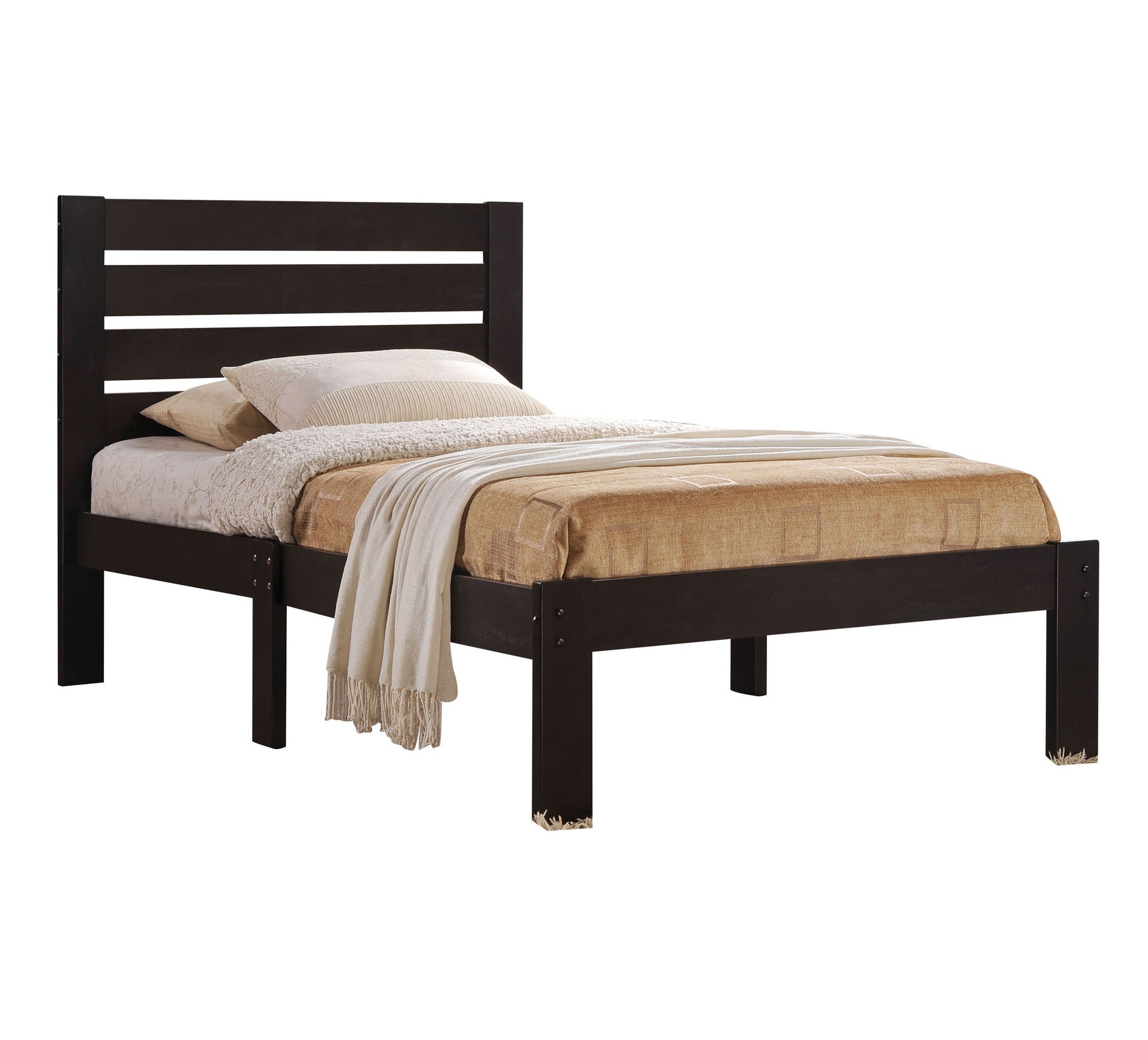 Contemporary Style Wooden Twin Size Bed With Slatted Headboard, Brown By Benzara | Beds | Modishstore