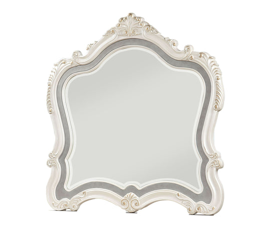 Traditional Mirror With Wooden Scrollwork Crown, White And Silver By Benzara | Mirrors |  Modishstore 