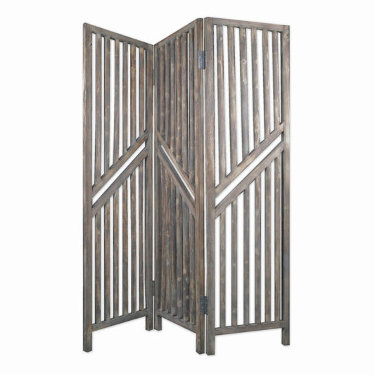 Traditional Slatted 3 Panel Wooden Room Divider, Weathered Brown By Benzara | Room Divider |  Modishstore 