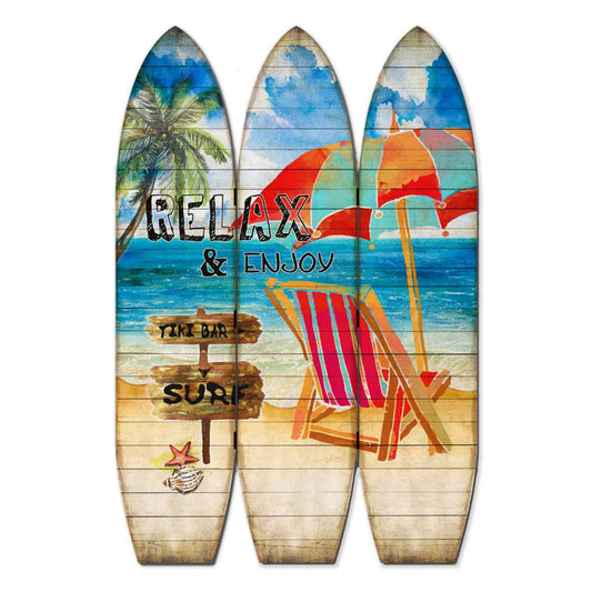 Lounge And Umbrella Print Surfboard Shaped 3 Panel Room Divider, Multicolor By Benzara | Room Divider |  Modishstore 