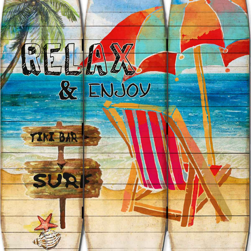 Lounge And Umbrella Print Surfboard Shaped 3 Panel Room Divider, Multicolor By Benzara | Room Divider |  Modishstore  - 3