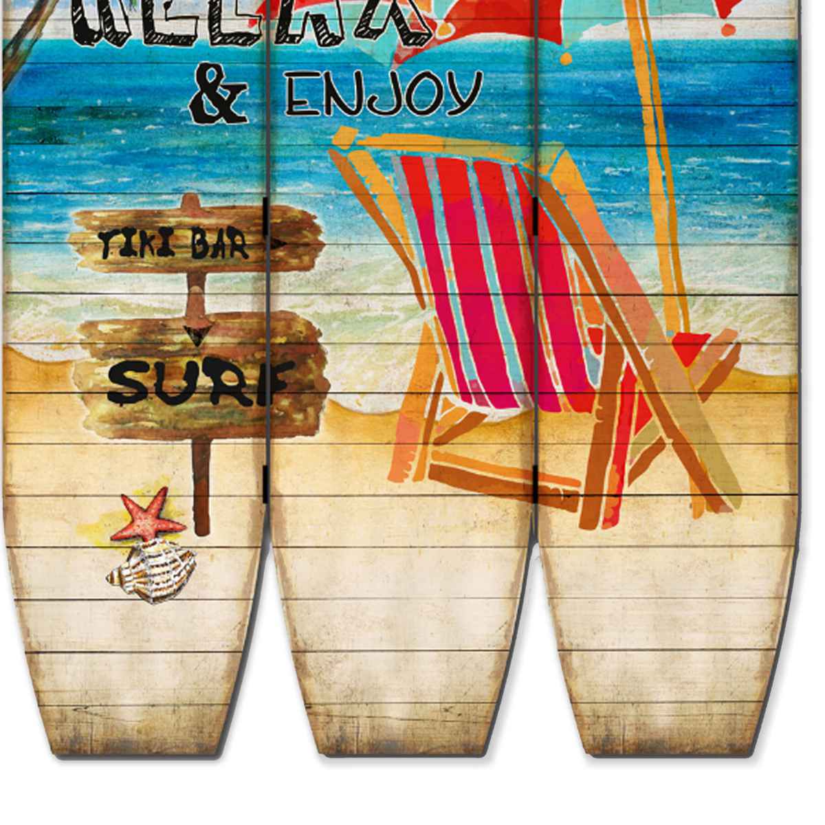 Lounge And Umbrella Print Surfboard Shaped 3 Panel Room Divider, Multicolor By Benzara | Room Divider |  Modishstore  - 4