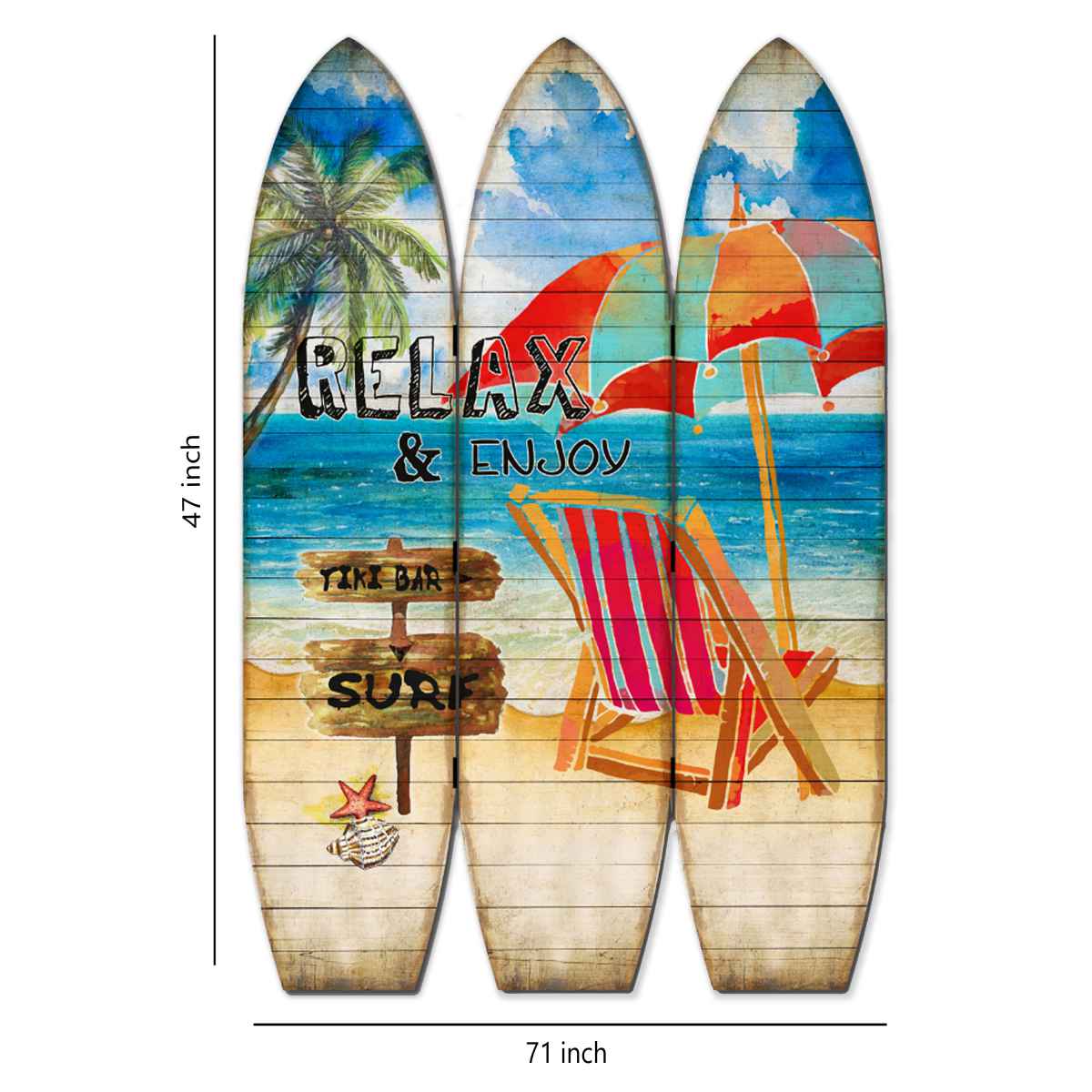 Lounge And Umbrella Print Surfboard Shaped 3 Panel Room Divider, Multicolor By Benzara | Room Divider |  Modishstore  - 5