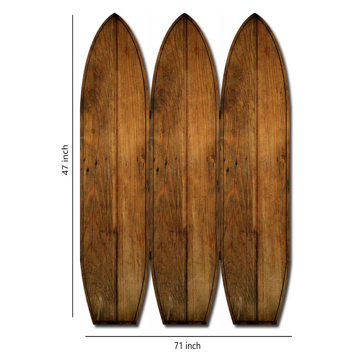Plank Style Surfboard Shaped 3 Panel Wooden Room Divider, Brown By Benzara | Room Divider |  Modishstore  - 5