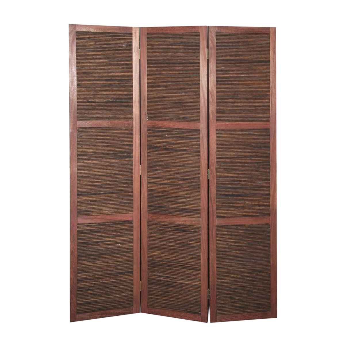 Wooden 3 Panel Room Divider With Horizontal Bamboo Stripes, Dark Brown By Benzara | Room Divider |  Modishstore 