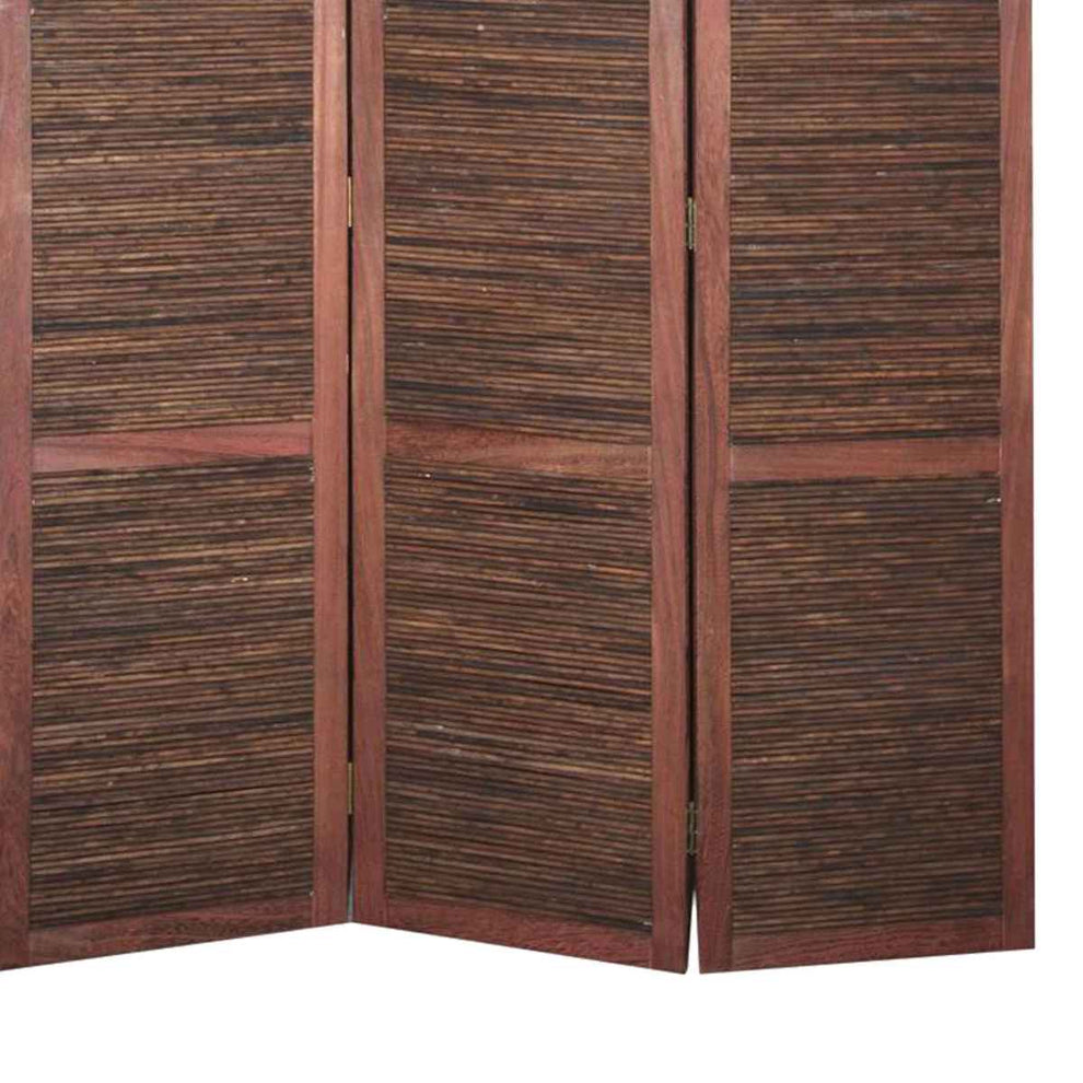 Wooden 3 Panel Room Divider With Horizontal Bamboo Stripes, Dark Brown By Benzara | Room Divider |  Modishstore  - 4