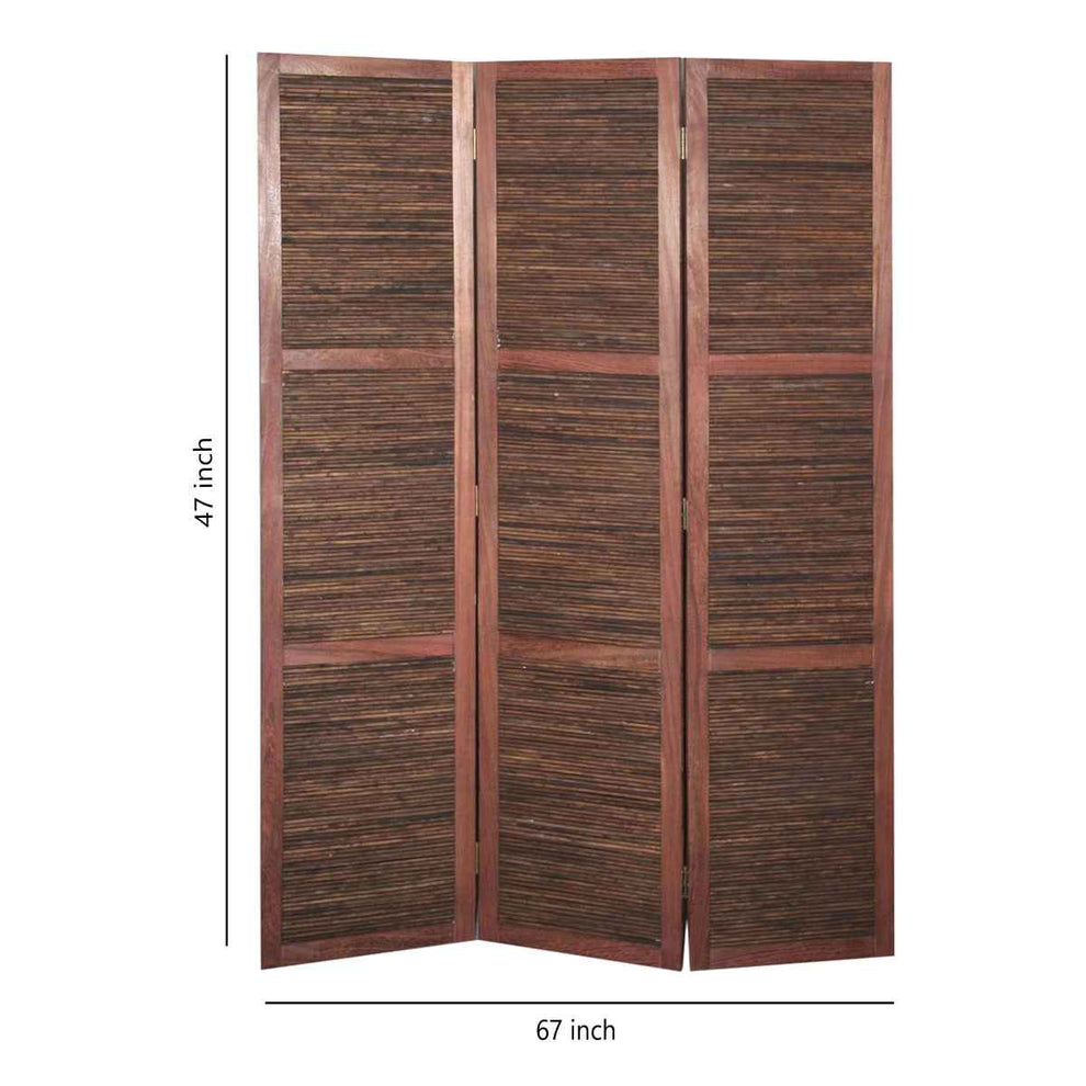 Wooden 3 Panel Room Divider With Horizontal Bamboo Stripes, Dark Brown By Benzara | Room Divider |  Modishstore  - 5