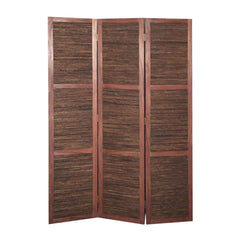 Wooden 3 Panel Room Divider With Horizontal Bamboo Stripes, Dark Brown By Benzara