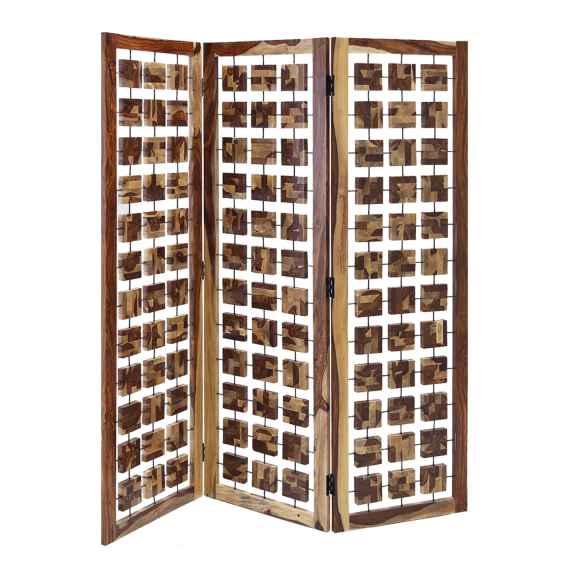 Wooden 3 Panel Room Divider With Interconnected Square Blocks, Brown By Benzara | Room Divider |  Modishstore 