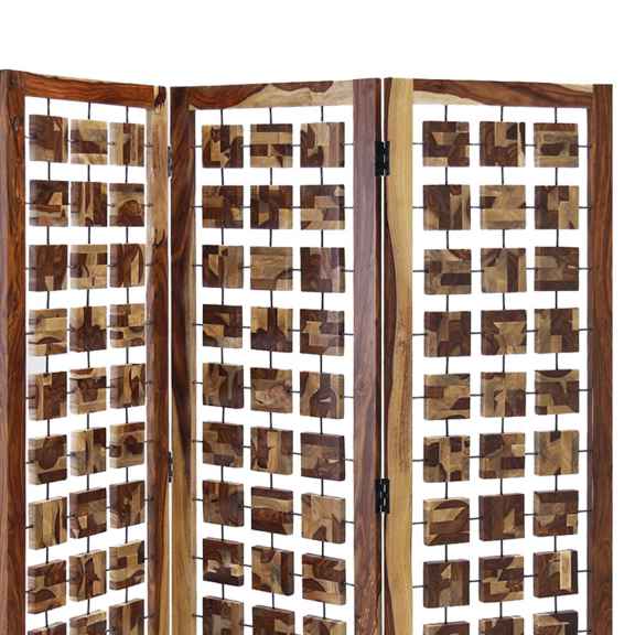Wooden 3 Panel Room Divider With Interconnected Square Blocks, Brown By Benzara | Room Divider |  Modishstore  - 5