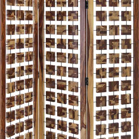 Wooden 3 Panel Room Divider With Interconnected Square Blocks, Brown By Benzara | Room Divider |  Modishstore  - 4