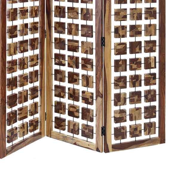 Wooden 3 Panel Room Divider With Interconnected Square Blocks, Brown By Benzara | Room Divider |  Modishstore  - 3