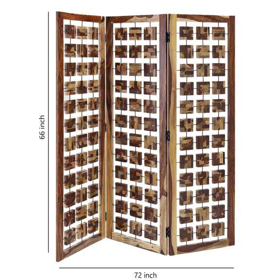 Wooden 3 Panel Room Divider With Interconnected Square Blocks, Brown By Benzara | Room Divider |  Modishstore  - 2