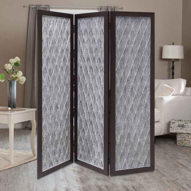 Wooden 3 Panel Room Divider With Textured Diamond Pattern, Gray And Black By Benzara | Room Divider |  Modishstore 