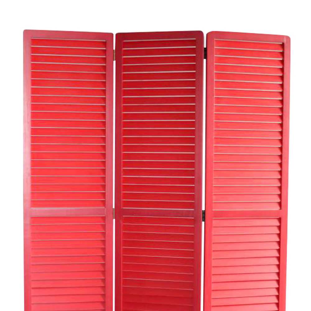 Transitional Wooden Screen With 3 Panels And Shutter Design, Red By Benzara | Room Divider |  Modishstore  - 2