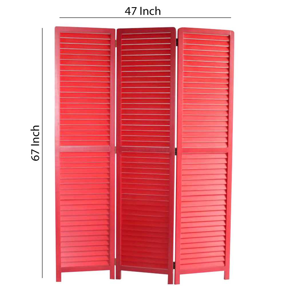 Transitional Wooden Screen With 3 Panels And Shutter Design, Red By Benzara | Room Divider |  Modishstore  - 5