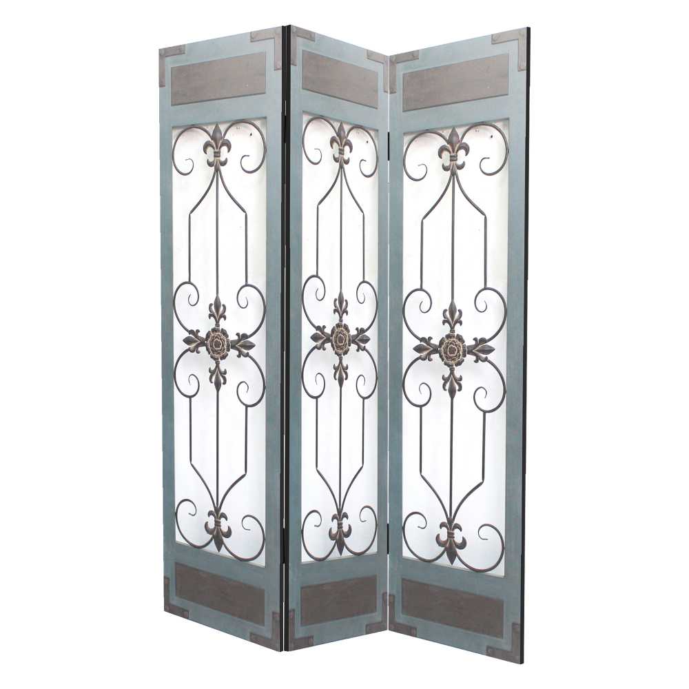 Transitional 3 Panel Screen With Iron Motif Panels, Gray By Benzara | Room Divider |  Modishstore 