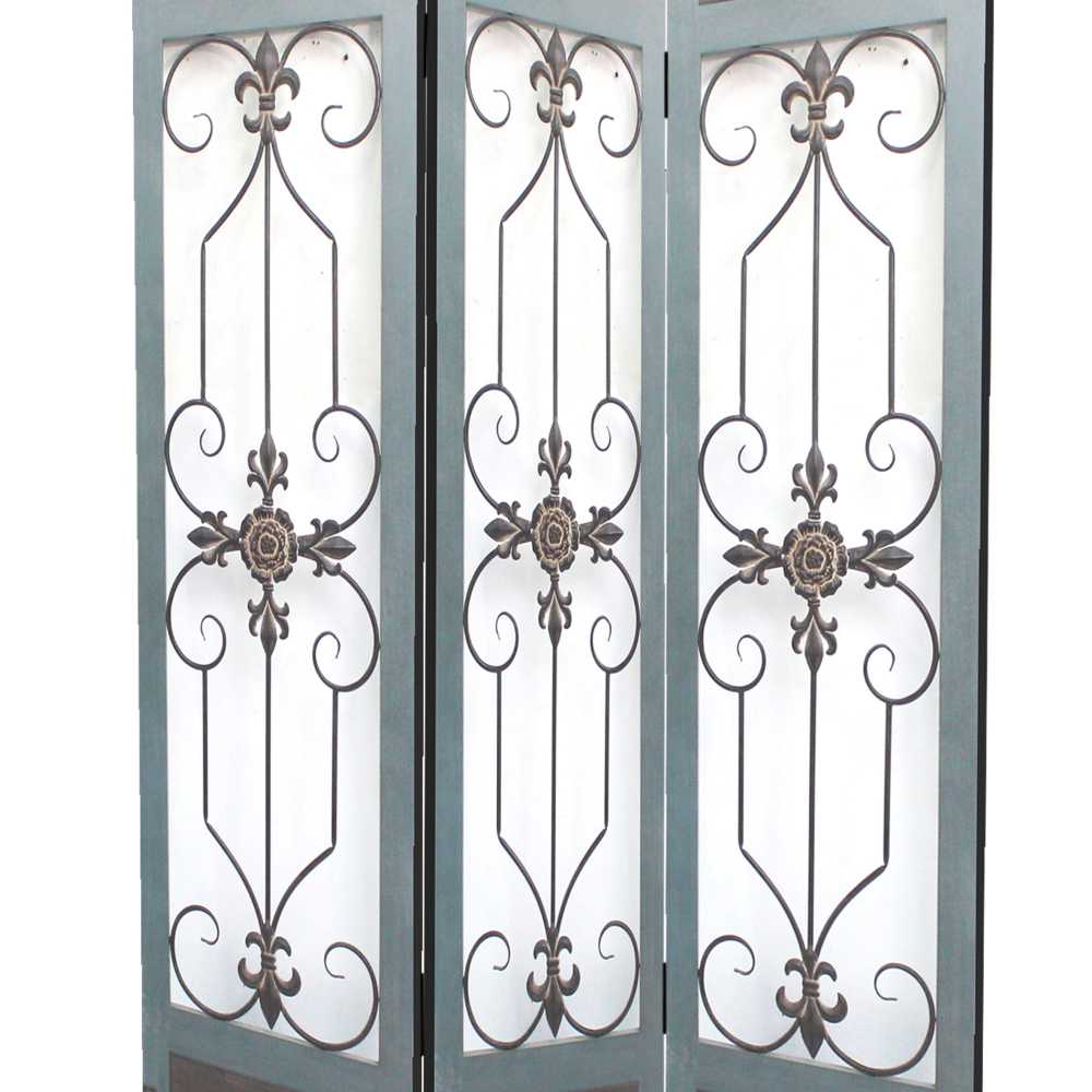 Transitional 3 Panel Screen With Iron Motif Panels, Gray By Benzara | Room Divider |  Modishstore  - 5