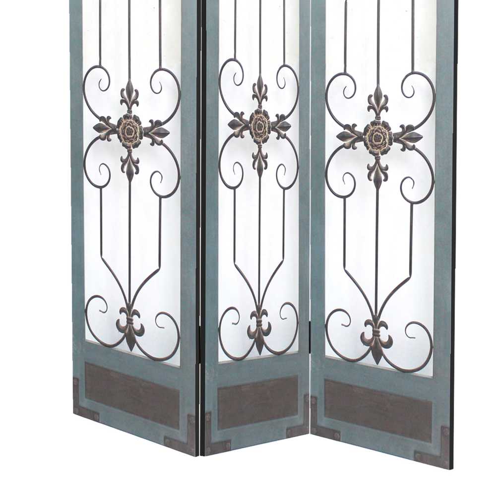 Transitional 3 Panel Screen With Iron Motif Panels, Gray By Benzara | Room Divider |  Modishstore  - 2
