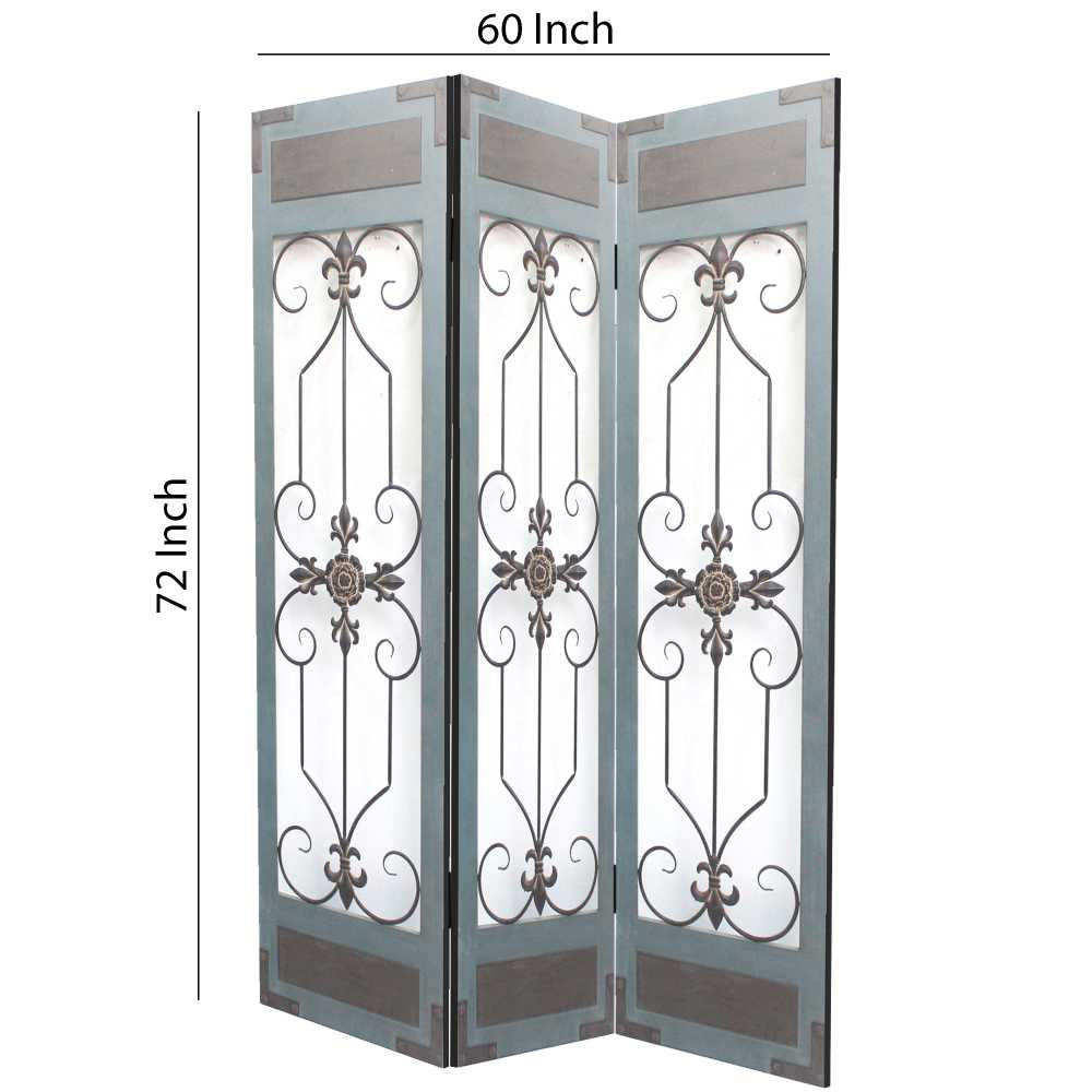Transitional 3 Panel Screen With Iron Motif Panels, Gray By Benzara | Room Divider |  Modishstore  - 3