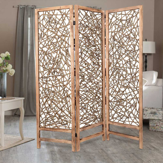 Contemporary 3 Panel Wooden Screen With Willow Branch Inset, Brown By Benzara | Room Divider |  Modishstore 