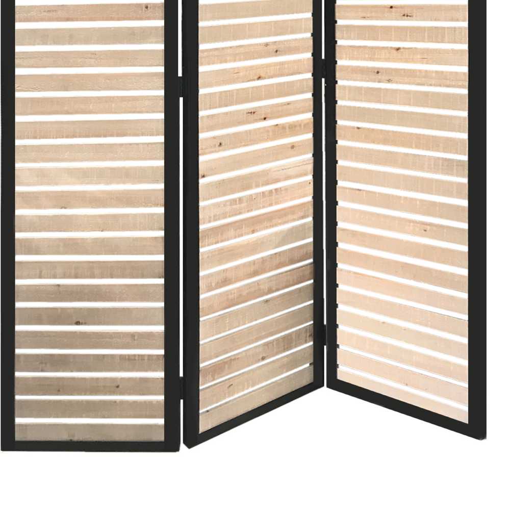 Metal Framed 3 Panel Screen With Wooden Horizontal Inset, Black & White By Benzara | Room Divider |  Modishstore  - 5
