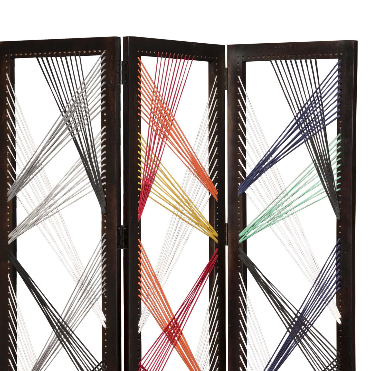 Contemporary 3 Panel Wooden Screen With Woven String Design, Multicolor By Benzara | Room Divider |  Modishstore  - 3