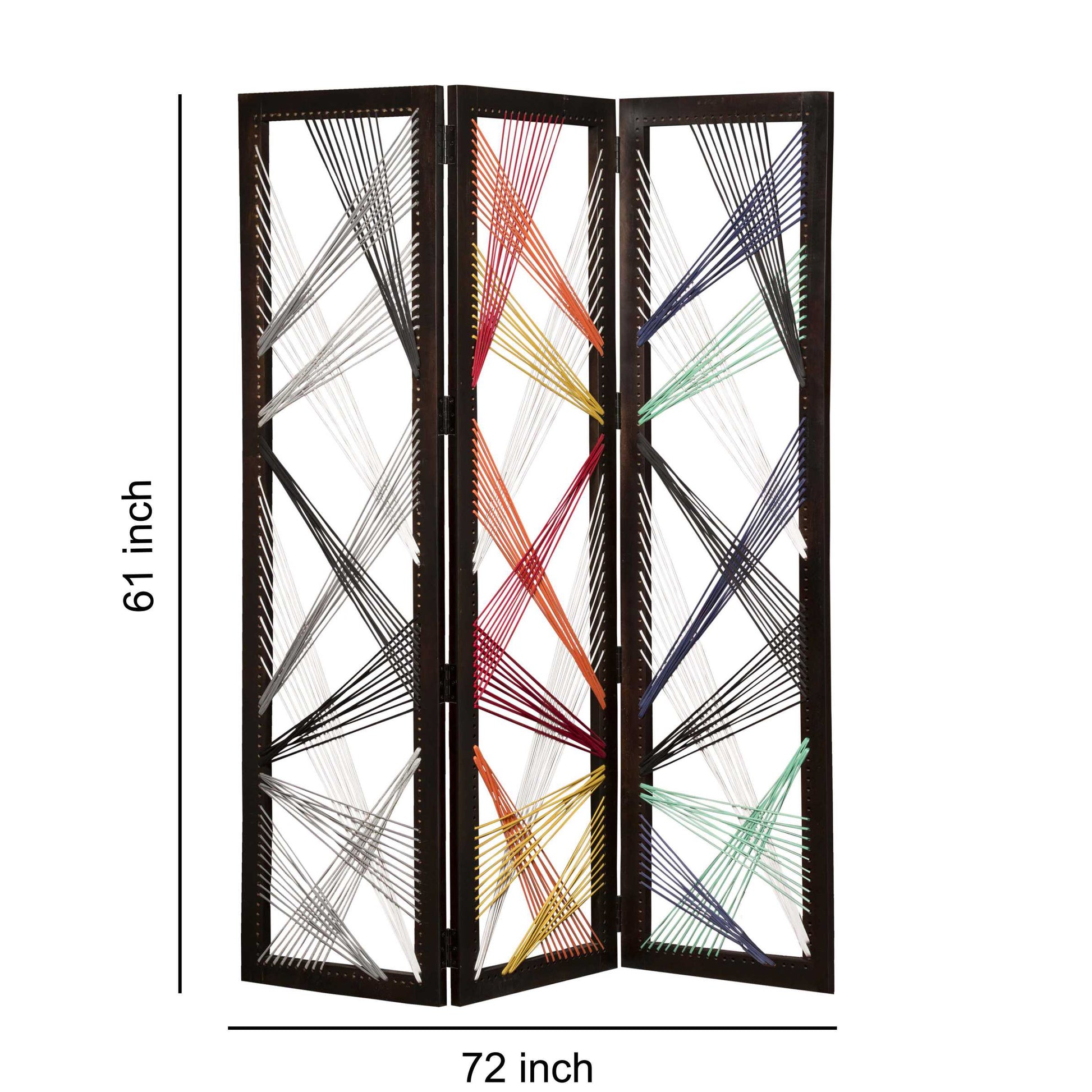 Contemporary 3 Panel Wooden Screen With Woven String Design, Multicolor By Benzara | Room Divider |  Modishstore 